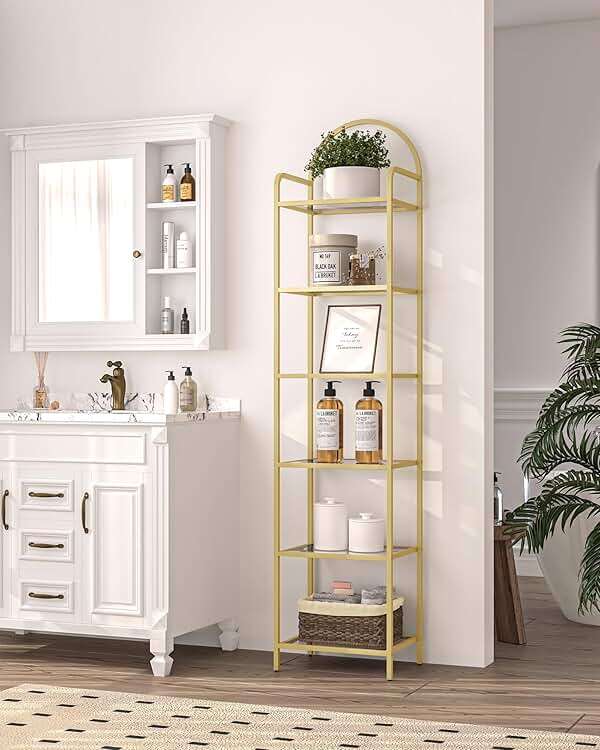 Hzuaneri Bookcase Bookshelf, Tempered Glass Bookshelves, Slim Shelving Unit for Bedroom, Bathroom, Home Office, Steel Frame, 6 Tier Gold BC10601G - Image 7