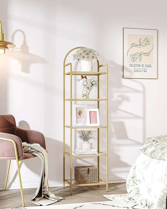 Hzuaneri Bookcase Bookshelf, Tempered Glass Bookshelves, Slim Shelving Unit for Bedroom, Bathroom, Home Office, Steel Frame, 6 Tier Gold BC10601G - Image 8