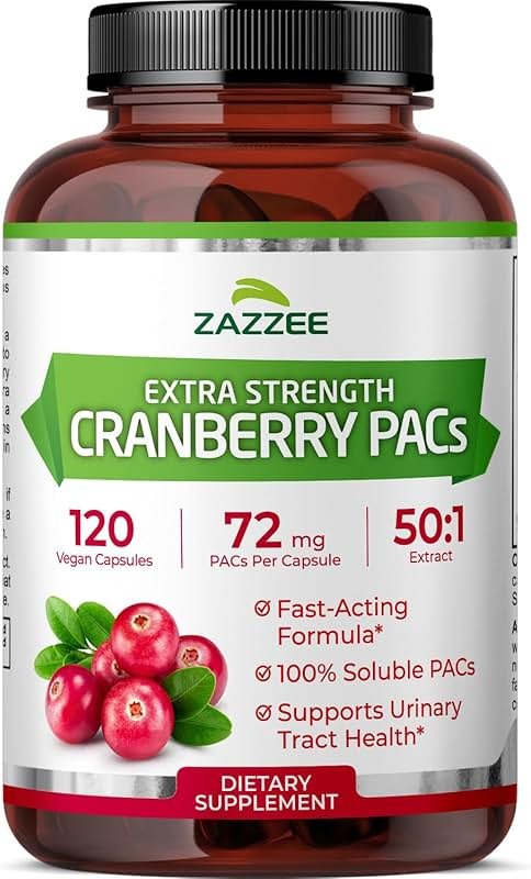 Zazzee Cranberry PACs 72 mg per Capsule, 50:1 Extract, 120 Vegan Capsules, 2X Strength, 4 Month Supply, Fast-Acting, Effective Urinary Tract & Bladder Support, 100% Soluble PACs, Made in the USA - Product Image