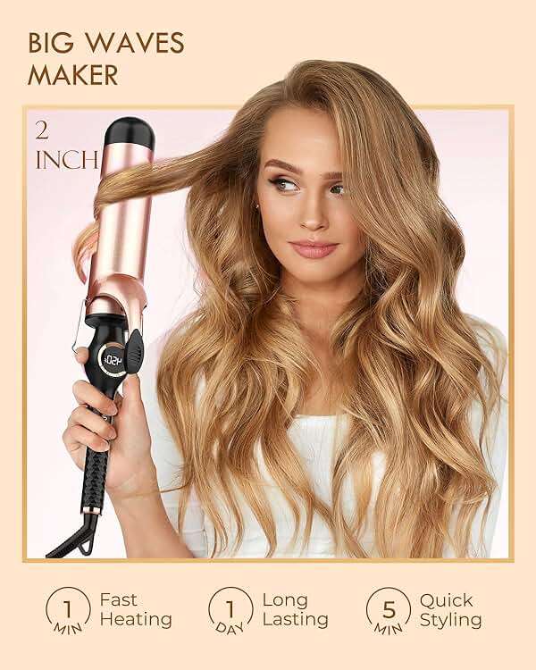 Large Curling Iron 2 Inch, Ceramic Long Barrel Hair Curling Wand, Hair Styling Tool, Dual Voltage, LCD Display, Black - Image 2