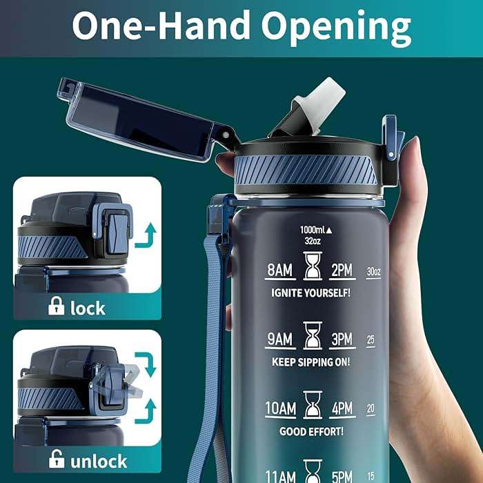 QLUR Water Bottle with Straw, 32oz Motivational Water Bottles with Time Marker to Drink, Tritan BPA Free, 1L Sports Water Bottle with Carry Strap LeakProof for Women Gym Fitness Outdoor (1 Pack) - Image 4