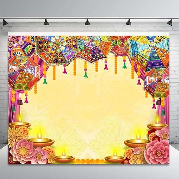 Caaerttply Indian Diwali Backdrop Pooja Decoration for Photography 10x8ft Vinyl India Traditional Puja Ganpati Mehndi Diwali Festival Photo Background Wedding Decoration Marigold Garland Banner Props - Image 2
