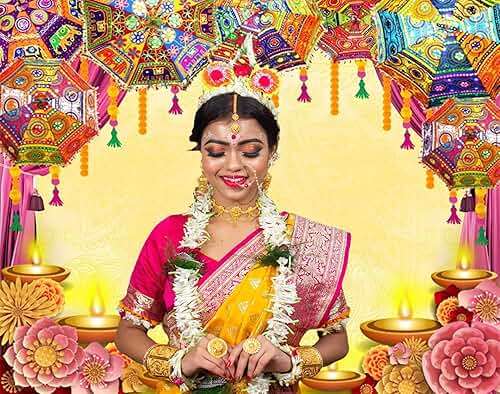 Caaerttply Indian Diwali Backdrop Pooja Decoration for Photography 10x8ft Vinyl India Traditional Puja Ganpati Mehndi Diwali Festival Photo Background Wedding Decoration Marigold Garland Banner Props - Image 6