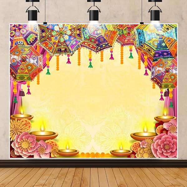 Caaerttply Indian Diwali Backdrop Pooja Decoration for Photography 10x8ft Vinyl India Traditional Puja Ganpati Mehndi Diwali Festival Photo Background Wedding Decoration Marigold Garland Banner Props - Image 8