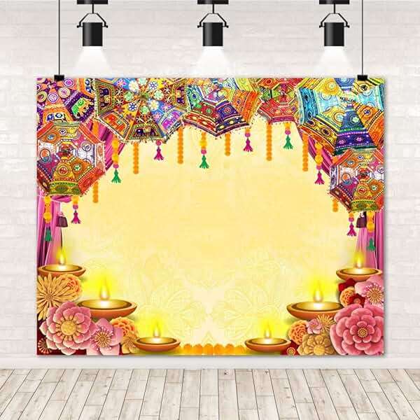 Caaerttply Indian Diwali Backdrop Pooja Decoration for Photography 10x8ft Vinyl India Traditional Puja Ganpati Mehndi Diwali Festival Photo Background Wedding Decoration Marigold Garland Banner Props - Image 9