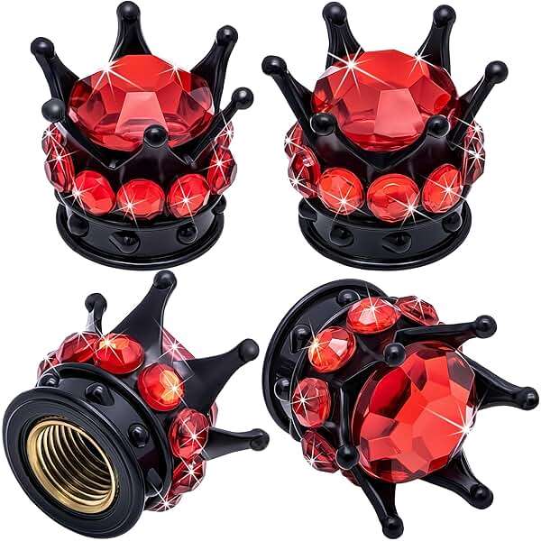 MEAJOO 4PCS Crown Bling Tire Stem Valve Caps, Crystal Diamond Car Wheel Tire Valve Caps Universal Copper Core Stem Covers for Cars, SUV, Trucks, Bikes, Motorcycles, Bicycles (Black & Red) - Image 2