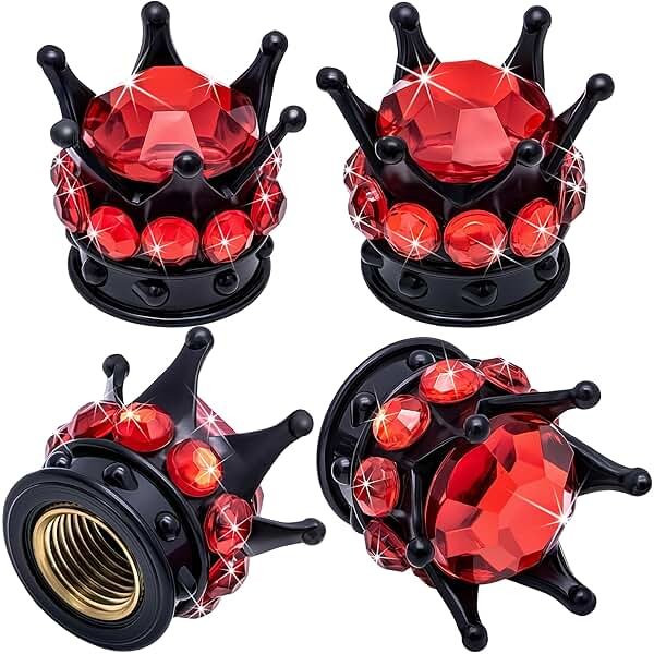 MEAJOO 4PCS Crown Bling Tire Stem Valve Caps, Crystal Diamond Car Wheel Tire Valve Caps Universal Copper Core Stem Covers for Cars, SUV, Trucks, Bikes, Motorcycles, Bicycles (Black & Red) - Product Image