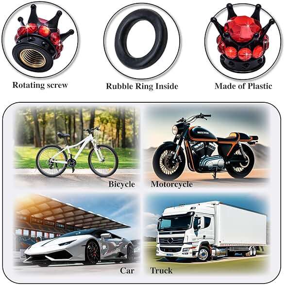 MEAJOO 4PCS Crown Bling Tire Stem Valve Caps, Crystal Diamond Car Wheel Tire Valve Caps Universal Copper Core Stem Covers for Cars, SUV, Trucks, Bikes, Motorcycles, Bicycles (Black & Red) - Image 7