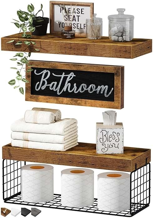 QEEIG Bathroom Shelves Over Toilet - Paper Storage Wall Mounted Farmhouse Decor Decorations Aesthetic Décor Sign Small Floating Shelf 2+1 Set 16 inch, Rustic Brown (020BN) - Product Image