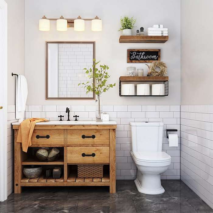 QEEIG Bathroom Shelves Over Toilet - Paper Storage Wall Mounted Farmhouse Decor Decorations Aesthetic Décor Sign Small Floating Shelf 2+1 Set 16 inch, Rustic Brown (020BN) - Image 2