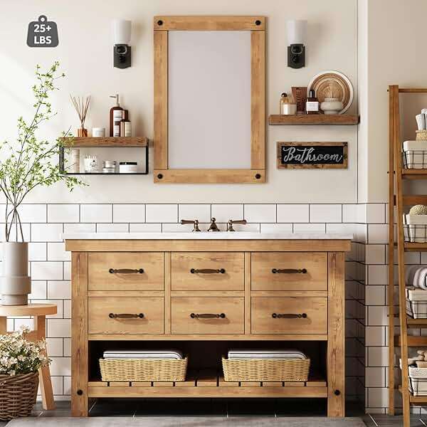 QEEIG Bathroom Shelves Over Toilet - Paper Storage Wall Mounted Farmhouse Decor Decorations Aesthetic Décor Sign Small Floating Shelf 2+1 Set 16 inch, Rustic Brown (020BN) - Image 4