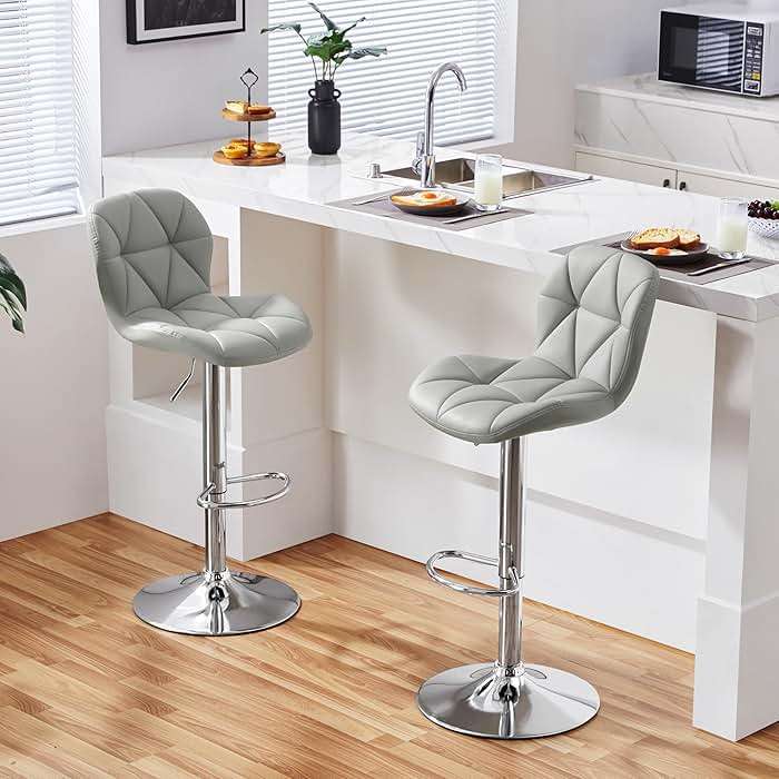 Yaheetech Bar Stools Set of 2, Modern Adjustable Kitchen Island Chairs with Back, 300 lbs Capacity PU Leather Swivel Counter Height Stools, Light Grey - Image 2