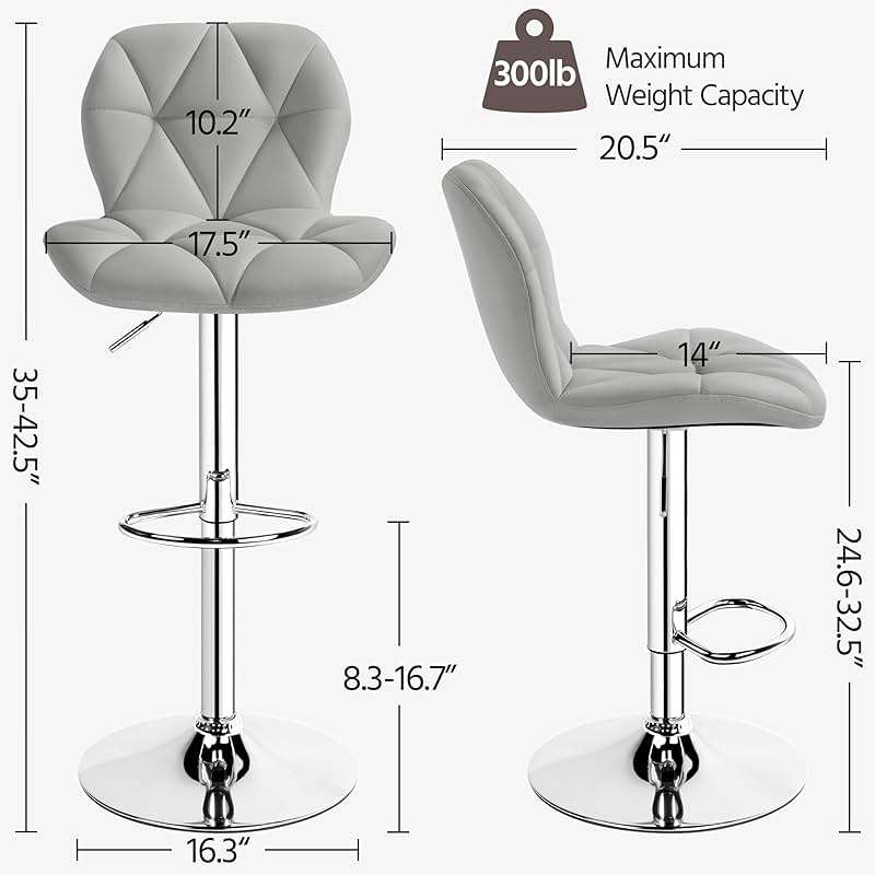 Yaheetech Bar Stools Set of 2, Modern Adjustable Kitchen Island Chairs with Back, 300 lbs Capacity PU Leather Swivel Counter Height Stools, Light Grey - Image 3