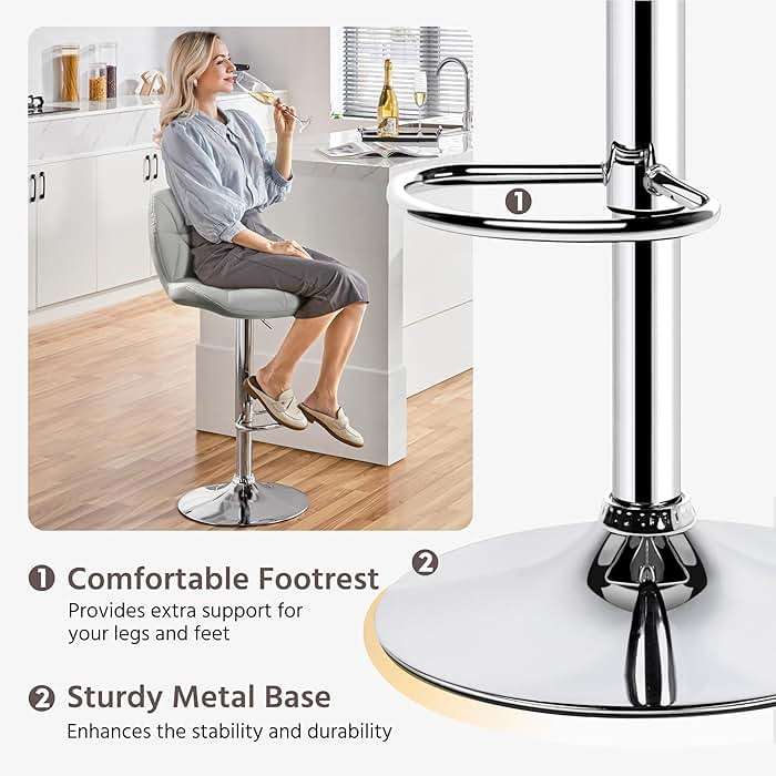 Yaheetech Bar Stools Set of 2, Modern Adjustable Kitchen Island Chairs with Back, 300 lbs Capacity PU Leather Swivel Counter Height Stools, Light Grey - Image 5