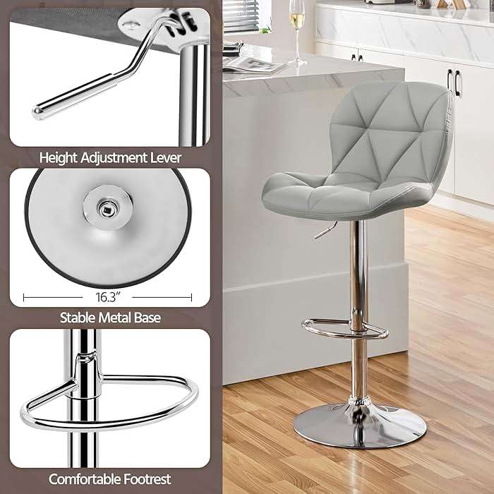 Yaheetech Bar Stools Set of 2, Modern Adjustable Kitchen Island Chairs with Back, 300 lbs Capacity PU Leather Swivel Counter Height Stools, Light Grey - Image 6