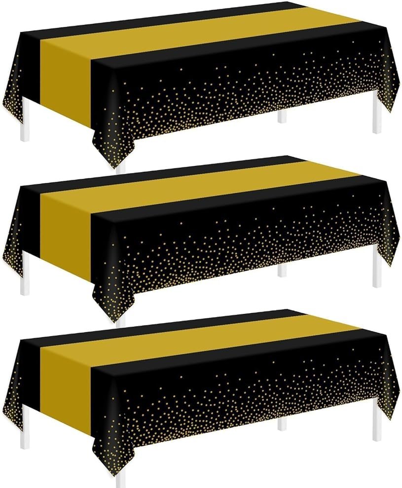 Childom 3 Pack Graduation Tablecloth,Graduation Decorations Class of 2026 Graduation Party Decorations,54"x108" Black and Gold Plastic Table Cloth Disposable for Home,School,Birthday,Wedding,Parties - Product Image