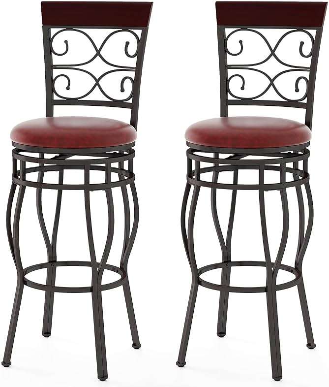 Safeplus 30 Inches Bar Height Bar Stools Set of 2, 360 Degree Swivel Retro Tall Metal Barstools with Leather Padded Seat and Back for Bistro Dining Kitchen Room Pub Vintage Chairs - Image 1