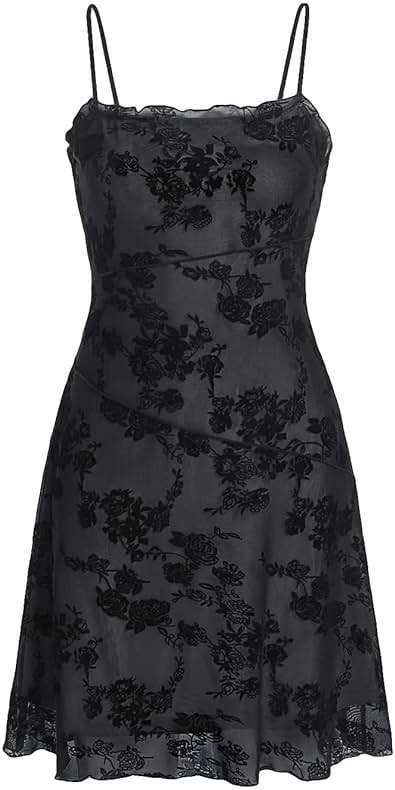 Verdusa Women's Mini Dress Floral Spaghetti Strap Mesh Short Dresses Going Out Sundress Y2k Gothic Clothes - Image 1