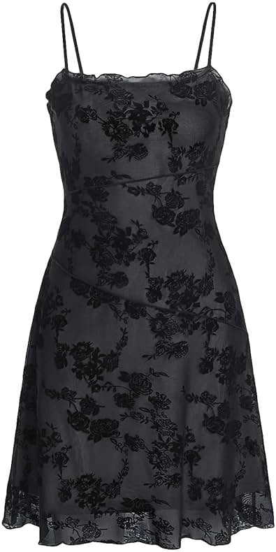 Verdusa Women's Mini Dress Floral Spaghetti Strap Mesh Short Dresses Going Out Sundress Y2k Gothic Clothes - Product Image