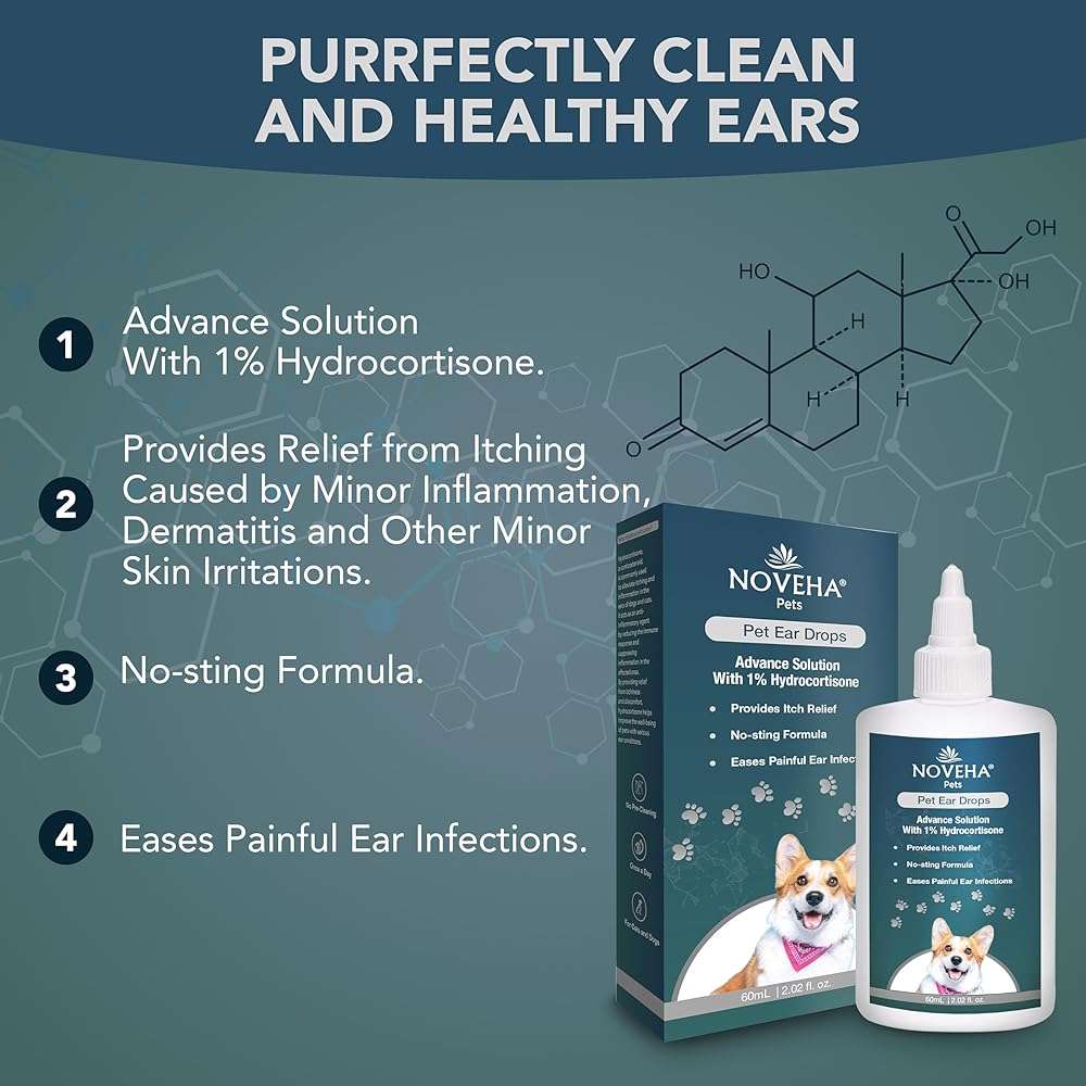 NOVEHA Pet Ear Drops with 1% Hydrocortisone | Ear Cleaner for Dogs & Cats for Earwax buildup, - No-Sting Formula, Calms Itch & Reduces Painful Ear Infections 60mL (60ml (Pack of 1)) - Image 3