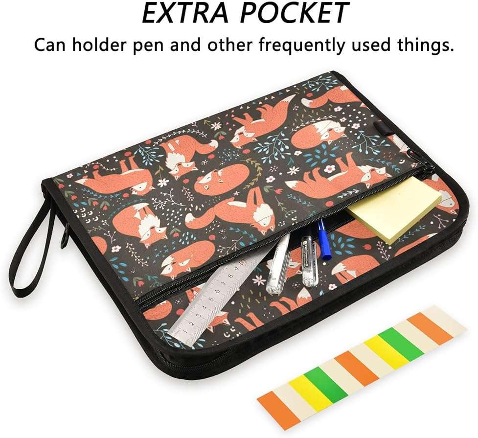 Quteprint 13 Pockets Expanding File Folder with Zipper Closure, Flower Leaves Animal Fox Accordion File Folder with Sticky Labels, Letter Size A4 Papers Expandable File Document Organizer - Image 2