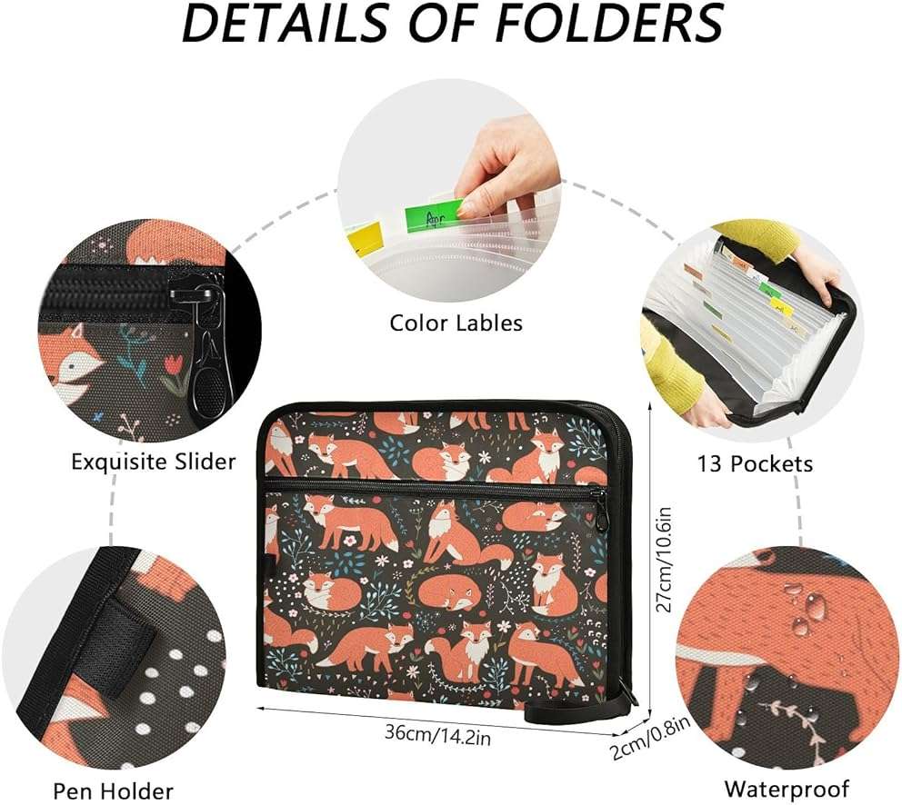 Quteprint 13 Pockets Expanding File Folder with Zipper Closure, Flower Leaves Animal Fox Accordion File Folder with Sticky Labels, Letter Size A4 Papers Expandable File Document Organizer - Image 3