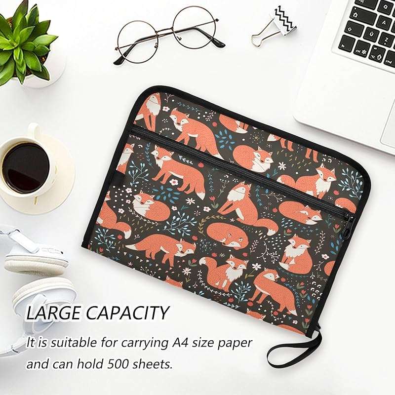 Quteprint 13 Pockets Expanding File Folder with Zipper Closure, Flower Leaves Animal Fox Accordion File Folder with Sticky Labels, Letter Size A4 Papers Expandable File Document Organizer - Image 6