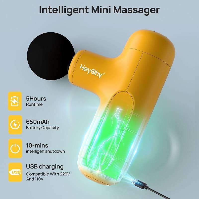 HEYCHY Super Mini Massage Gun Deep Tissue, Handheld Muscle Massager with 4 Heads, Percussion Travel Size Massager Gun FSA Eligible for Men Women Back Relief, Quiet for Home, Gym, Office, HSA, Yellow - Image 3