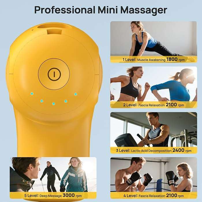 HEYCHY Super Mini Massage Gun Deep Tissue, Handheld Muscle Massager with 4 Heads, Percussion Travel Size Massager Gun FSA Eligible for Men Women Back Relief, Quiet for Home, Gym, Office, HSA, Yellow - Image 4