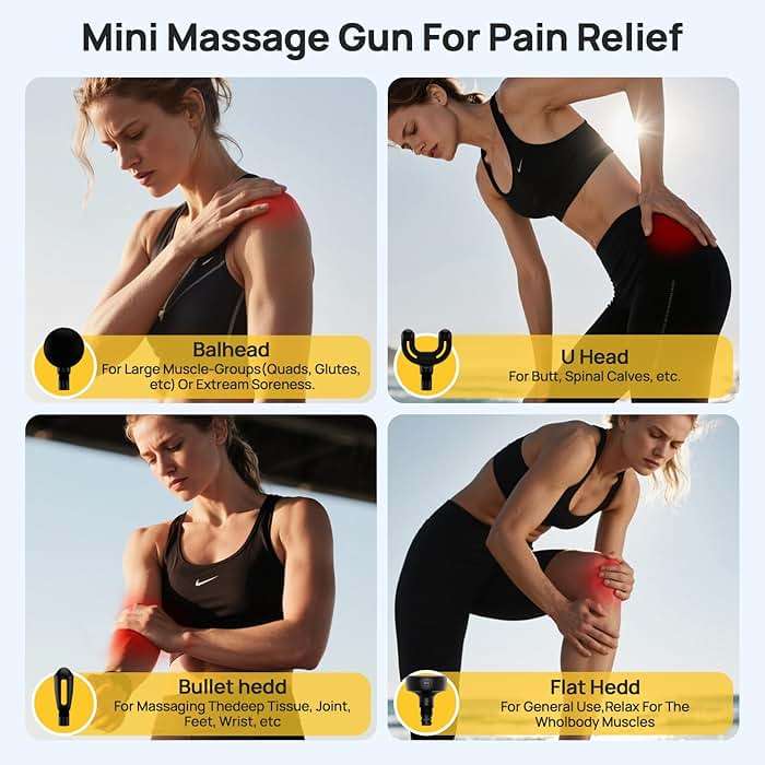 HEYCHY Super Mini Massage Gun Deep Tissue, Handheld Muscle Massager with 4 Heads, Percussion Travel Size Massager Gun FSA Eligible for Men Women Back Relief, Quiet for Home, Gym, Office, HSA, Yellow - Image 5