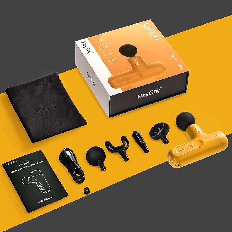 HEYCHY Super Mini Massage Gun Deep Tissue, Handheld Muscle Massager with 4 Heads, Percussion Travel Size Massager Gun FSA Eligible for Men Women Back Relief, Quiet for Home, Gym, Office, HSA, Yellow - Image 9