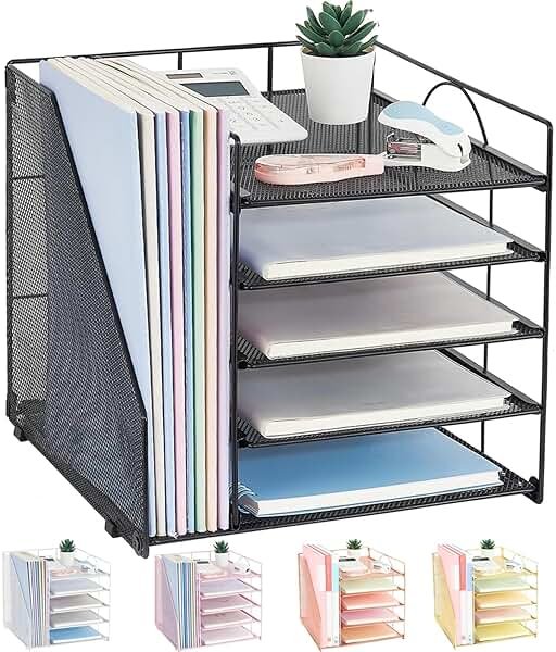 LEKETREE Desk Organizers and Accessories, 5-Tier Paper Letter Tray Organizer with File Holder, Desktop Organizer for Office Supplies (Black) - Product Image