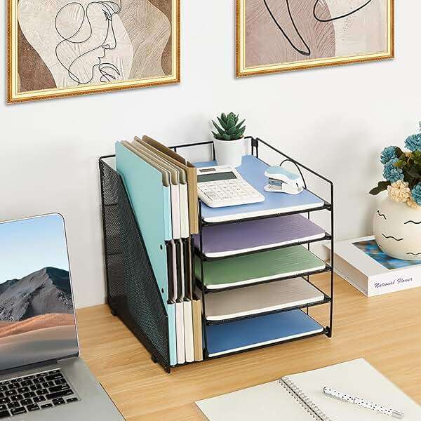 LEKETREE Desk Organizers and Accessories, 5-Tier Paper Letter Tray Organizer with File Holder, Desktop Organizer for Office Supplies (Black) - Image 2
