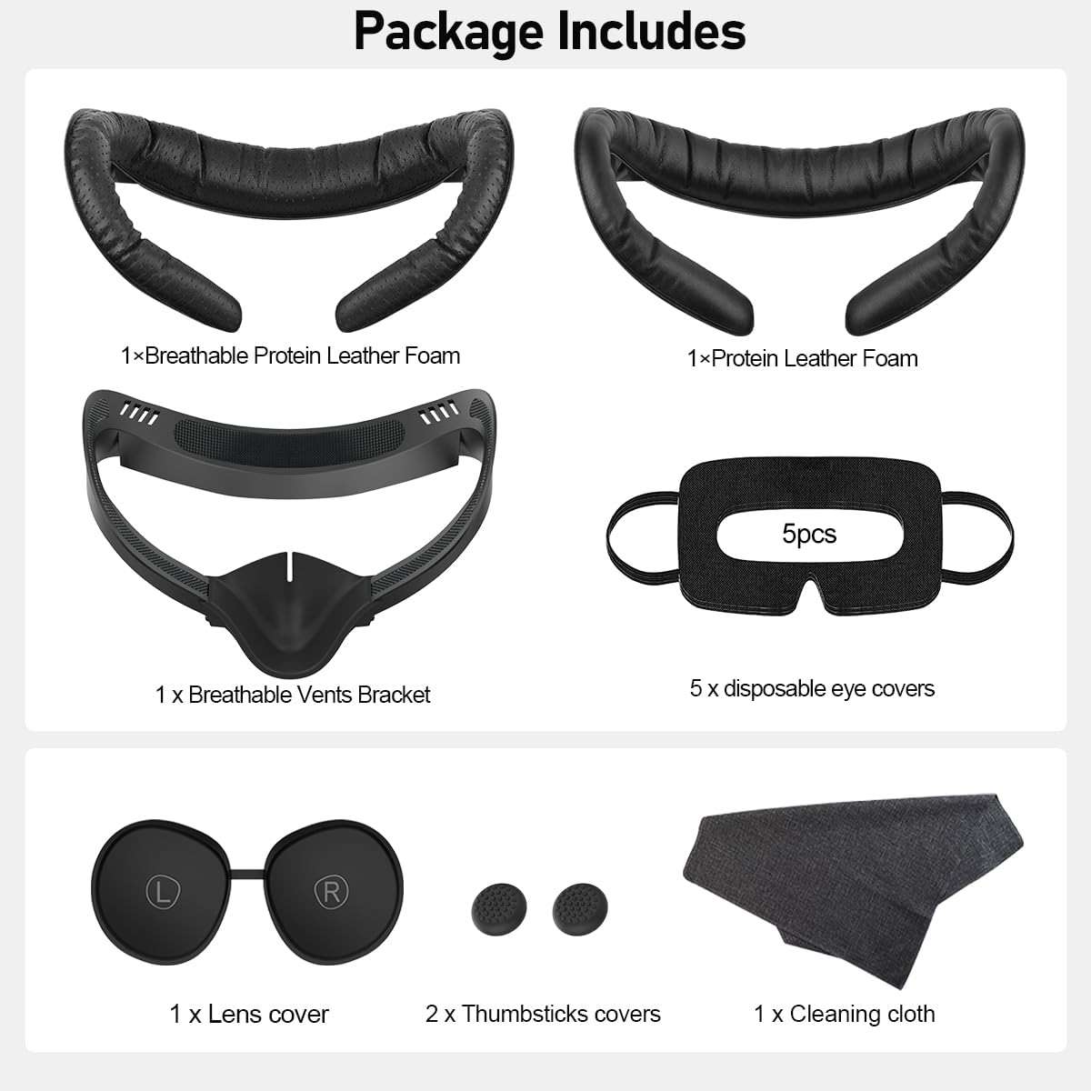 VR Facial Interface for Oculus Quest 2 Face Pad Replacement, 2PCS PU Leather Foam Cushion Pad for Meta Quest 2 with Vr Lens & Thumbstick Covers, 5PCS Disposable Eye Covers - Image 7