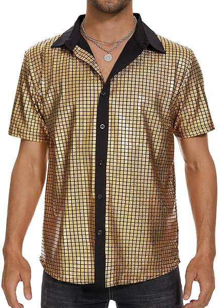 Zando Men's Sequin 70s 80s Disco Shirt - Retro Short Sleeve Button Up Costume Halloween New Year Party Outfit Top & Clubwear - Image 1