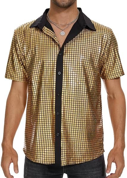 Zando Men's Sequin 70s 80s Disco Shirt - Retro Short Sleeve Button Up Costume Halloween New Year Party Outfit Top & Clubwear - Product Image