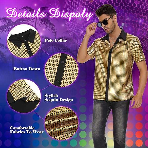 Zando Men's Sequin 70s 80s Disco Shirt - Retro Short Sleeve Button Up Costume Halloween New Year Party Outfit Top & Clubwear - Image 3