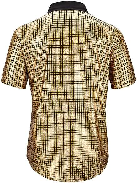 Zando Men's Sequin 70s 80s Disco Shirt - Retro Short Sleeve Button Up Costume Halloween New Year Party Outfit Top & Clubwear - Image 9