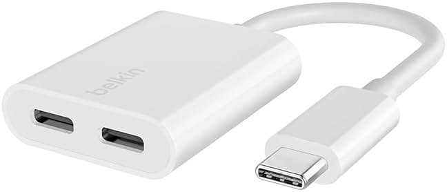 Belkin Rockstar USB-C Audio + Charge Adapter, Headphone Adapter w/USB-C 60W Power Delivery Fast Charging for iPhone, iPad Pro, Galaxy, Note, Google Pixel, LG G6, Sony Xperia, OnePlus, & More - White - Product Image