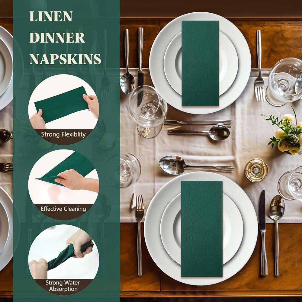 Qilery 50 Pcs Linen Feel Disposable Dinner Napkins Decorative Paper Napkin 17"x12" Bulk Colored Soft Paper Hand Towels Absorbent for Guest Kitchen Wedding Party(Green) - Image 6