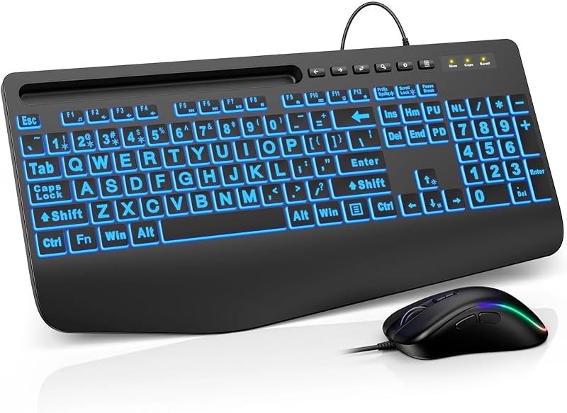 SABLUTE KM21Pro Wired Keyboard and Mouse Combo, 4X Larger Print Backlit Keys, Palm Rest, Ergonomic Design, USB Plug & Play for Windows PC Laptop, Ideal for Seniors, Students, Home & Office - Product Image