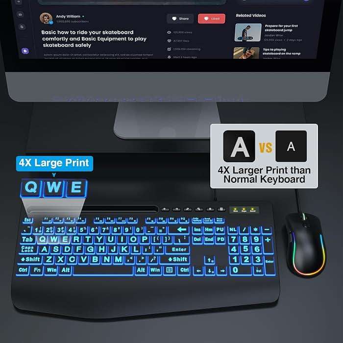 SABLUTE KM21Pro Wired Keyboard and Mouse Combo, 4X Larger Print Backlit Keys, Palm Rest, Ergonomic Design, USB Plug & Play for Windows PC Laptop, Ideal for Seniors, Students, Home & Office - Image 2