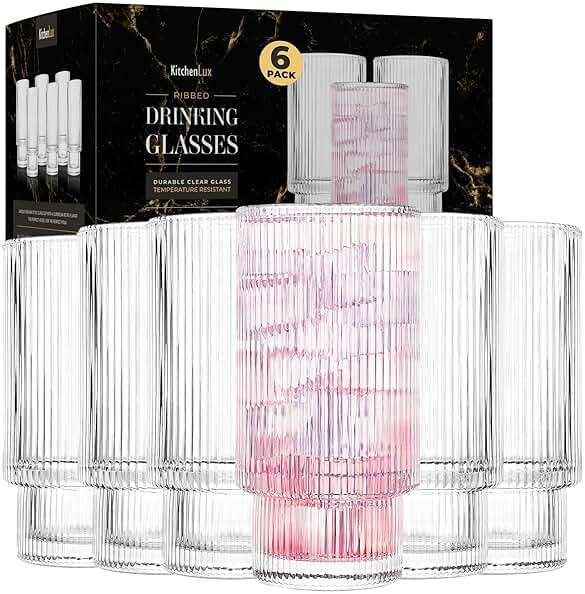Kitchen Lux Ribbed Drinking Glasses - Ribbed Glass Cups 12 oz - Ribbed Glassware Set of 6 - Textured Vintage Retro Ripple Aesthetic Glass Ware for Whiskey Cocktail Beer Water, Coffee Bar Accessories - Image 1
