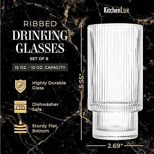 Kitchen Lux Ribbed Drinking Glasses - Ribbed Glass Cups 12 oz - Ribbed Glassware Set of 6 - Textured Vintage Retro Ripple Aesthetic Glass Ware for Whiskey Cocktail Beer Water, Coffee Bar Accessories - Image 2