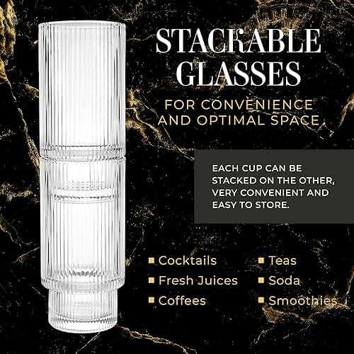 Kitchen Lux Ribbed Drinking Glasses - Ribbed Glass Cups 12 oz - Ribbed Glassware Set of 6 - Textured Vintage Retro Ripple Aesthetic Glass Ware for Whiskey Cocktail Beer Water, Coffee Bar Accessories - Image 3