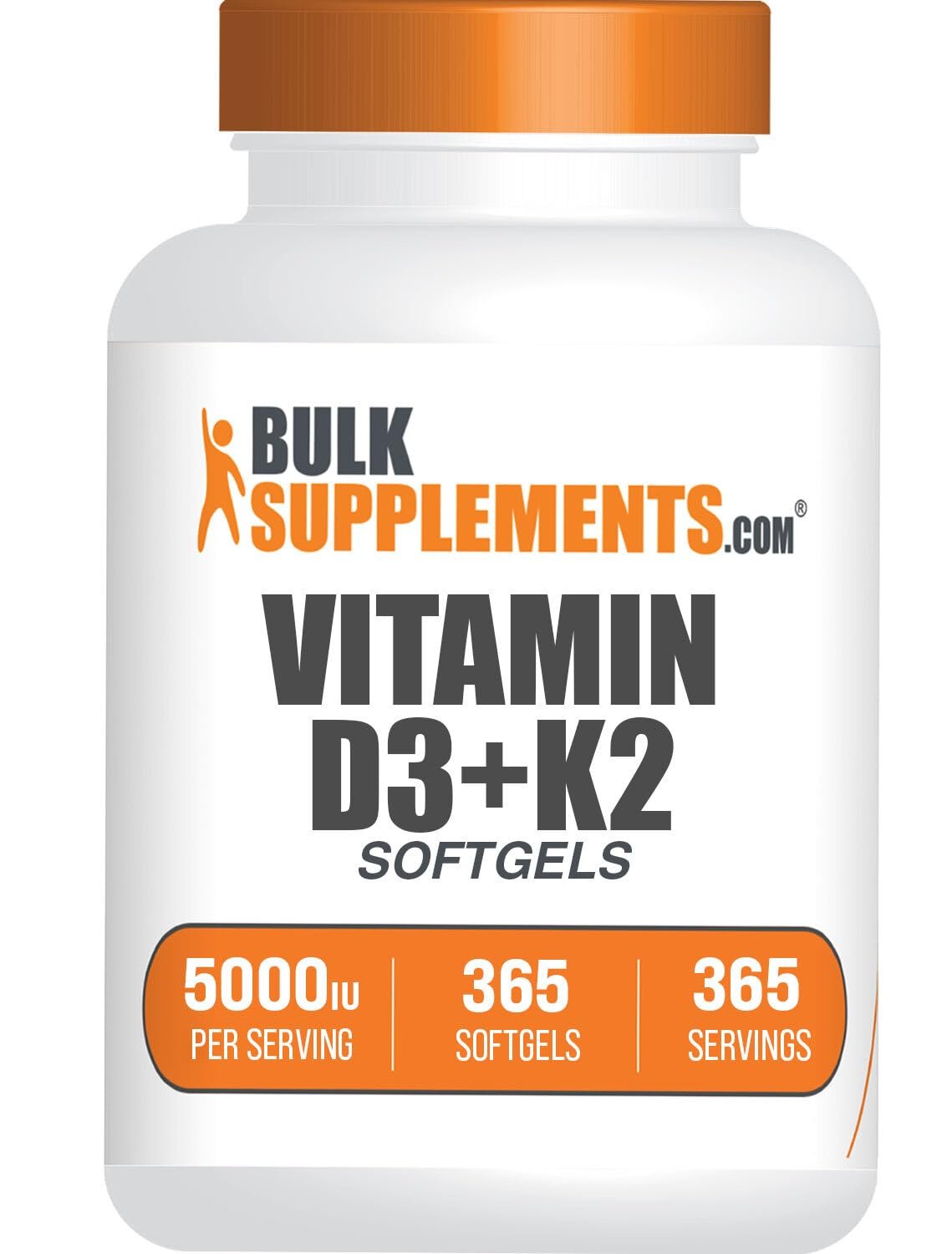 BulkSupplements.com Vitamin D3 + K2 5000 IU Softgels - D3 K2 Supplement, for Immune Health - Gluten Free, 1 Softgel per Serving, 365 Count (Pack of 1) - Product Image