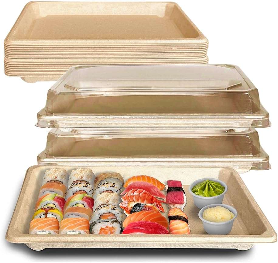 EcoQuality X-Large Compostable Sushi Trays with Lids - Natural Sugarcane Bagasse Take Out Sushi Container - Biodegradable, Disposable Sushi Plate with Lid, Eco Friendly, to go, Serving Tray (25) - Image 1