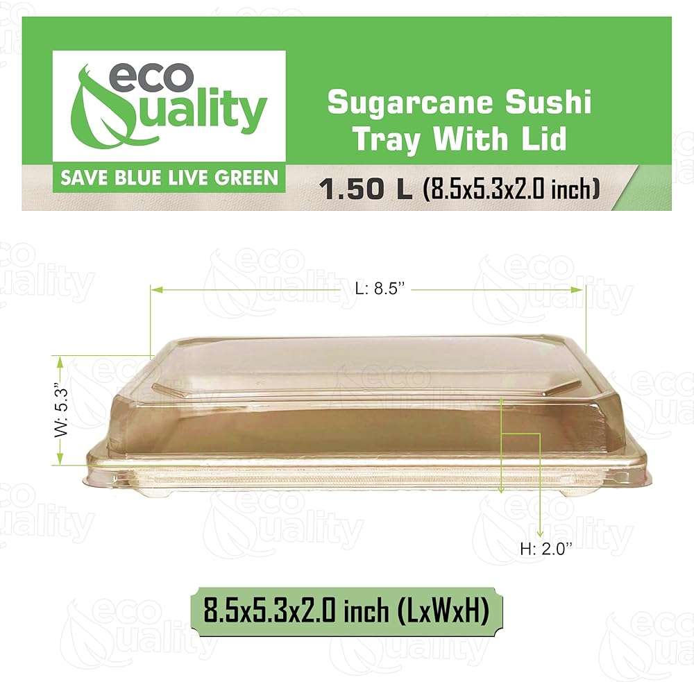EcoQuality X-Large Compostable Sushi Trays with Lids - Natural Sugarcane Bagasse Take Out Sushi Container - Biodegradable, Disposable Sushi Plate with Lid, Eco Friendly, to go, Serving Tray (25) - Image 3