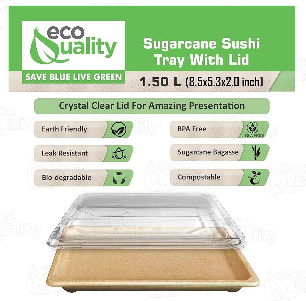 EcoQuality X-Large Compostable Sushi Trays with Lids - Natural Sugarcane Bagasse Take Out Sushi Container - Biodegradable, Disposable Sushi Plate with Lid, Eco Friendly, to go, Serving Tray (25) - Image 4