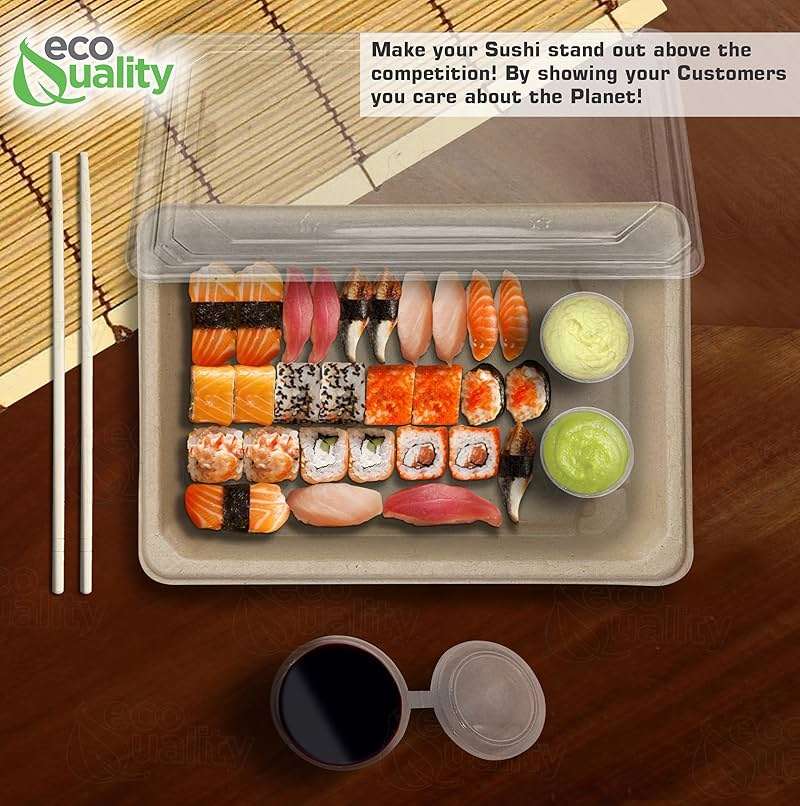 EcoQuality X-Large Compostable Sushi Trays with Lids - Natural Sugarcane Bagasse Take Out Sushi Container - Biodegradable, Disposable Sushi Plate with Lid, Eco Friendly, to go, Serving Tray (25) - Image 7